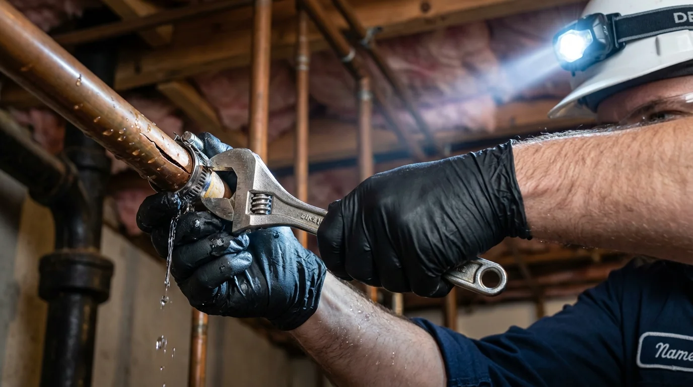 Emergency pipe clamp repair being performed by a Johns Plumbing LLC plumber in San Augustine