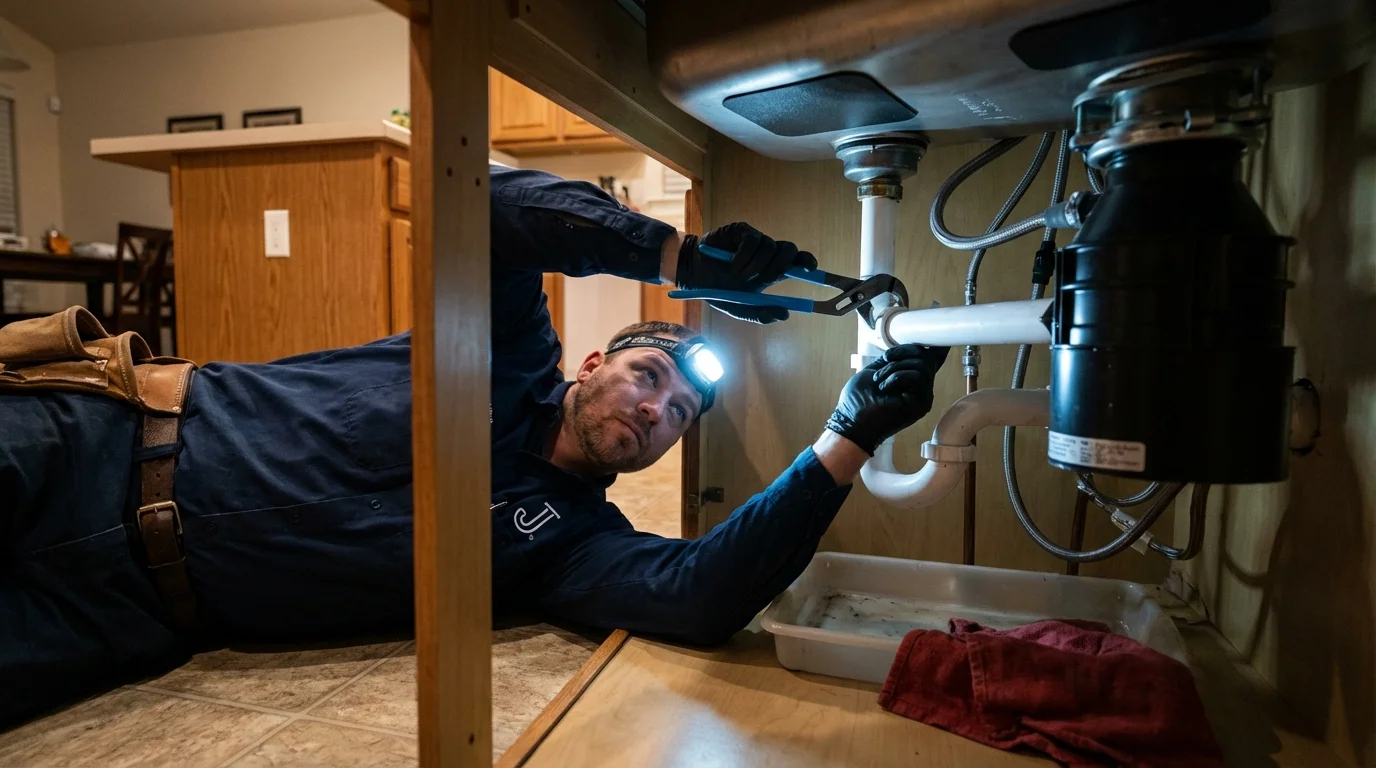 P-trap and supply line connections under a kitchen sink showing a common leak point in San Augustine, TX